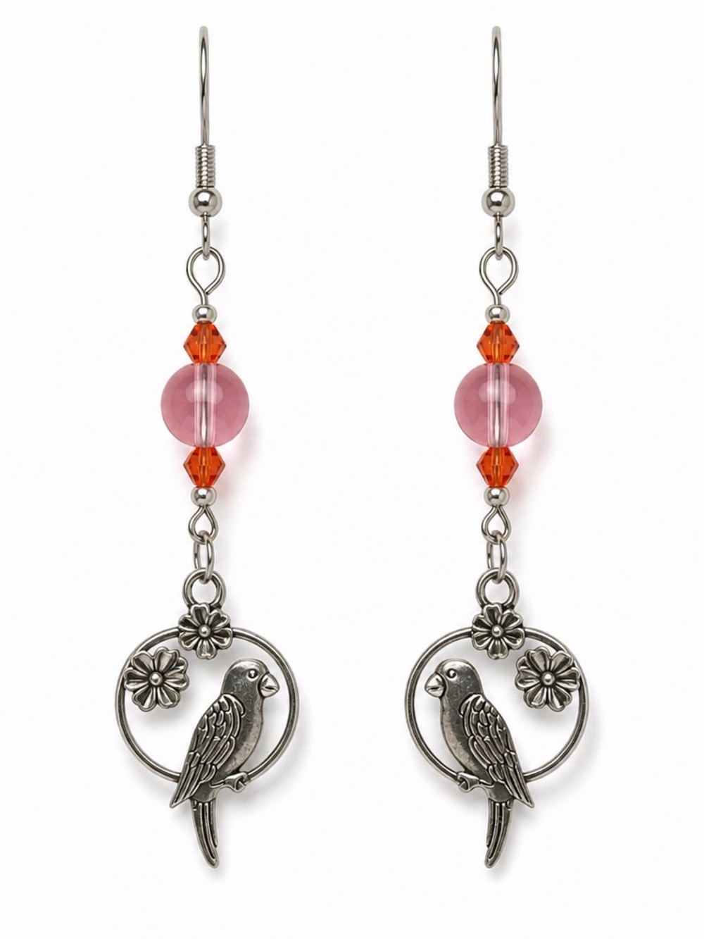 Antique Silver Parrot Floral Earrings with Pink Glass and Tangerine AB Beads